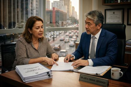 Pessoa consultando advogado sobre documentos de revisão de pensão alimentícia em escritório