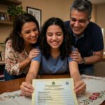 Certidão de nascimento sobre mesa com família ao fundo