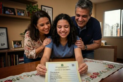 Certidão de nascimento sobre mesa com família ao fundo