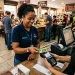trabalhador usando cartão de vale-refeição em maquininha de pagamento em restaurante