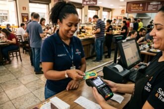 trabalhador usando cartão de vale-refeição em maquininha de pagamento em restaurante