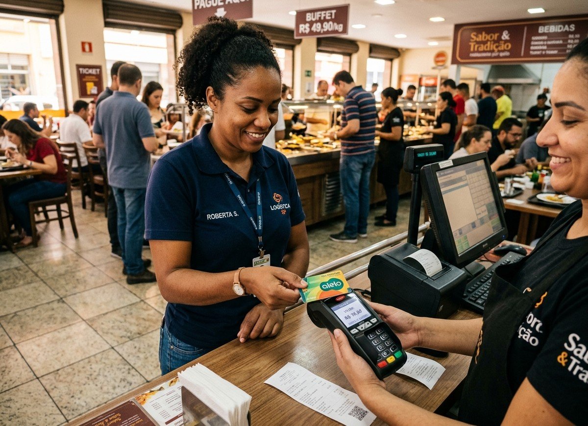 trabalhador usando cartão de vale-refeição em maquininha de pagamento em restaurante